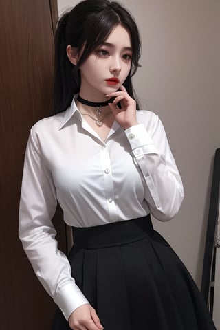 photography of a 20yo woman, masterpiece,  dress_shirt, heart choker,hair_style,  whole body with COMPLETE HAND FORMATION
,photorealistic,analog,realism, A ambitious woman setting her goals high and fearlessly pursuing her dreams.