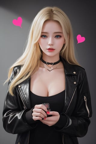 photography of a 20yo woman, masterpiece, black jacket, heart choker, blonde_hair
,photorealistic,analog,realism, A compassionate girl with a heart full of love, spreading warmth and affection to those around her.