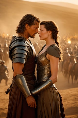 Craft a visually stunning epic movie scene featuring Milla Jovovich and a romantic partner in the midst of a grand battle. Amidst the chaos, they find a quiet moment of connection, embodying the idea of love in challenging times. Milla's regal attire contrasts with her partner's rugged warrior garb. Their eyes meet amidst the intensity, conveying a deep bond. The camera, equipped with an 135mm telephoto lens, captures this poignant moment with a tender long shot. Utilize dynamic lighting to emphasize the emotional resonance of their connection. Render this scene with exceptional detail, ensuring their expressions and the surrounding battle are vividly depicted, film still, movie still