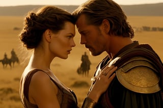 Craft a visually stunning epic movie scene featuring Milla Jovovich and a romantic partner in the midst of a grand battle. Amidst the chaos, they find a quiet moment of connection, embodying the idea of love in challenging times. Milla's regal attire contrasts with her partner's rugged warrior garb. Their eyes meet amidst the intensity, conveying a deep bond. The camera, equipped with an 135mm telephoto lens, captures this poignant moment with a tender long shot. Utilize dynamic lighting to emphasize the emotional resonance of their connection. Render this scene with exceptional detail, ensuring their expressions and the surrounding battle are vividly depicted, film still, movie still