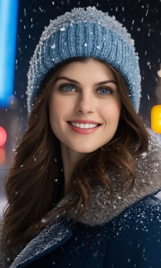 RAW photo, award winning portrait of 35yo Alexandra Daddario, beautiful, big smile (happy:1.1), sea-blue eye color, winter wonder land, winter_clothes, winter coat and hat, snow storm, snow on the street, high boots, dark blonde hair, outside, times square at night, city lights,  (high detailed skin:1.2), 8k uhd, dslr, soft lighting, high quality, film grain, Fujifilm XT3, Movie Stil, candid (masterpiece,best quality,ultra_detailed,highres,absurdres:1.2)