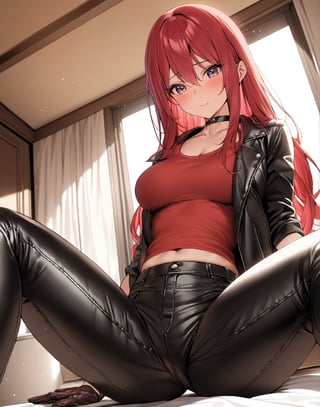 masterpiece, best quality, highres, vivid, colorful, 

1girl, solo, red hair, long hair, choker, leather_jacket, red shirt, leather_pants, leather_gloves, open_legs, low-angle,

indoors, bedroom, 

