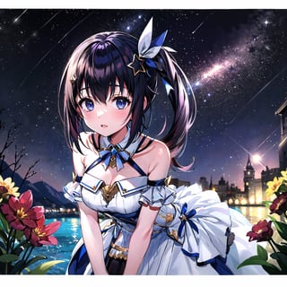 (masterpiece:1.3), (absurdres:1.3), (best quality:1.3), detailed eyes, 1girl, solo, ts3, side ponytail, white dress, blue gloves, bare shoulders, breasts, leaning forward, facing viewer, upper_body, close-up,
 (sky full of stars:1.3), ( big sky and shining:1.3), (flowers on river:1.3), beautiful sky, very delicate, high image quality, glitter,ts1