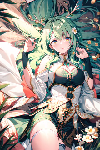 (masterpiece:1.3), (absurdres:1.3), (best quality:1.3), 1girl, solo,

hmcf, long hair, antlers, branch, braided bangs, hair flower, yellow eyes, large breasts, jewelry, dress, cleavage, wide sleeves, green flower, single thighhigh, white thighhighs, on back, laying_down, lying_down, lying, from above, upper body, arms_up,

midjourney , flower bed, green background, green sun, green theme, green particle, green glitter, green  effect, highlights, everything is green, green leaf, floating leaf, nature, green lights,