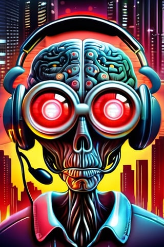 modern surrealism, creepy electronic city background, cartoonic real raw large brain with large eyes at center, wearing glasses, three incandescent bulbs attached to top, personified, wearing headphones, droopy eyes, real raw shrunken cold small heart at center of heart,Masterpiece, realistic, bloody, futuristic