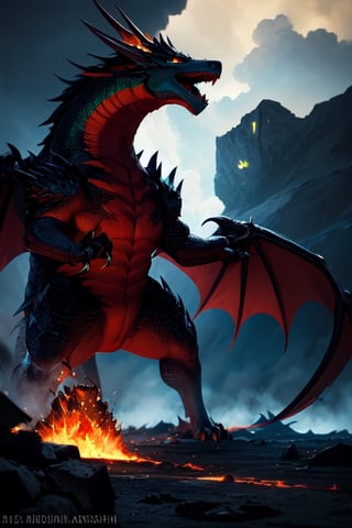 realistic dark volcano erupted mountain, magma flowing around, fumes clouding the sky, realistic ancient greek green dragon, standing tall ferociously, Wings sharp, claws with long nails, roaring at the sky, fierce, terrifying, monstorous, terrorizing,RaashiKhanna