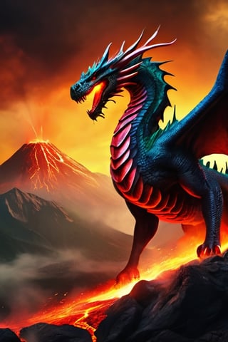 realistic dark volcano erupted mountain, magma flowing around, fumes clouding the sky, realistic ancient greek and red mixed green dragon, standing tall ferociously, Wings sharp, claws with long nails, roaring at the sky, fierce, terrifying, monstorous, terrorizing,RaashiKhanna