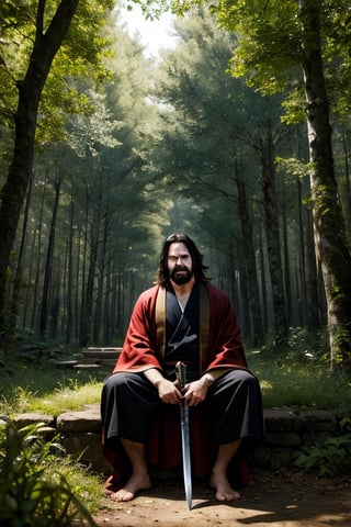 Create picture with background as lush green forest with birds in tree branches. In darkness of forest, place multiple pair of monstrous red eyes. In foregound of picture, simple man wearing robes sits and medidates with a smile in his face. Man has long dark hair and little beard like keanu reeves. In front of the man lies long katana sword in the ground .
