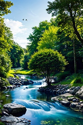 realistic brookside in scotland, evening time, tall trees at far, realistic giant bear sitting in brook, looking at the river, clear glass like water running, fishes swimming in the river against the stream 