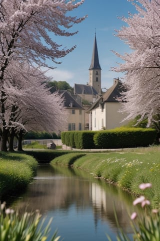 minimalistic art of village in france across the river during spring season with flowers blooming in trees and people in village welcomming spring ,<lora:659111690174031528:1.0>