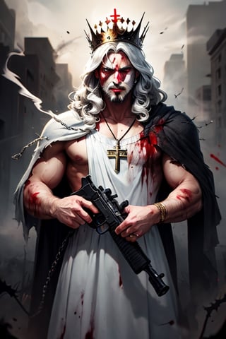Modern art, war background, , jesus christ, well built, wearing crown made by thorns, terrifying look, glaring eyes, smoking cigar, pointing gun at viewer, wearing silver cross chain around neck, wearing blood soaked white dress, blood everywhere, torn and burnt,insertNameHere