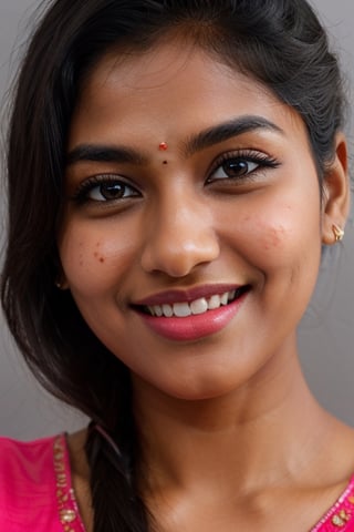 Beautiful tamil girl, face close up, grey background, black long hair flaunting graciously in air, round chasmish face, sharp eyebrows, seductive eyes, looking straight into viewers, snouty nose, wearing nose pin, 
 pimpled cheeks, smiling naughtily, dimple in cheeks, juicy pink lips, dusky skintone,Masterpiece
