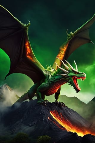 realistic dark volcano erupted mountain, magma flowing around, fumes clouding the sky, realistic ancient greek green dragon, standing tall ferociously, Wings sharp, claws with long nails, roaring at the sky, fierce, terrifying, monstorous, terrorizing,RaashiKhanna