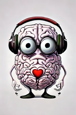 modern surrealism, white background, cartoonic real raw large brain with large eyes at center, wearing glasses, personified. wearing headphones, droopy eyes, real raw shrunken cold small heart with small cute baby eyes, standing beside, looking at large brain