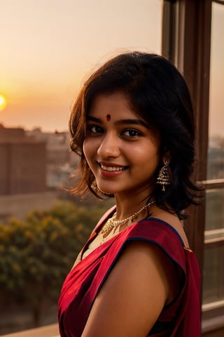 beautiful indian teen girl, well structured, wearing saree, evening sunset background, smiling, voluptuous, curvy_figure, well structured face, sharp eyes, perfect eyebrows, sharp pinned nose, juicy lips