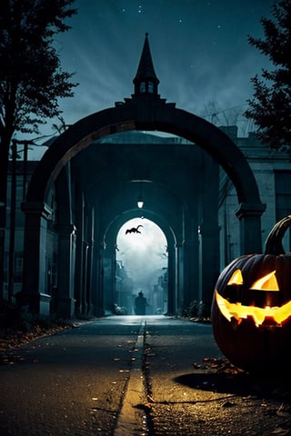 spooky halloween night, pitch dark sky, ghostly town, empty streets, petrifying trees, cars left in roads, demonic pumpkins, grimming with sharp teeths, candies piled up in streets, eerie ghosts flying in streets, big steel made arch in front saying "HALLOWEEN"
