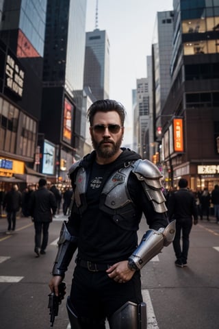 modern realistic, cyberpunk city with tall skyscrapers at background, Man wearing partial machine suit armor at front, looking sideways,  well built, holding high tech shot gun in hand, wearing laser eye glasses, rugged beard, grunt in face,Cyberpunk,DonMM4ch1n3W0rld ,4rmorbre4k, Masterpiece,photorealistic,Masterpiece,cyber_asia, hyper-realistic, high resolution, photograph_(object),HApollo,futuristic,cutextgirl