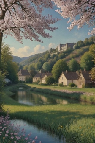 impressionism painting of village in france across the river during spring season with flowers blooming in trees and people in village welcomming spring,Masterpiece,<lora:659111690174031528:1.0>