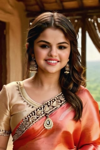 Wonderful scenic view in background, selena gomez, standing at front, wearing traditional indian attire, looking beautiful, shining eyes, embracing smile,Masterpiece,SelenaGomez