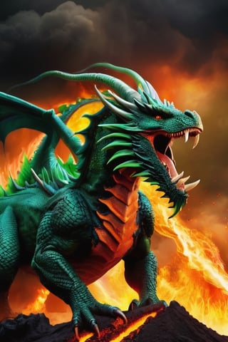 realistic dark volcano erupted mountain, magma flowing around, fumes clouding the sky, realistic ancient greek green dragon, standing tall ferociously, Wings sharp, claws with long nails, roaring at the sky, fierce, terrifying, monstorous, terrorizing,RaashiKhanna