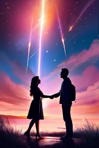 modern surrealist art,, beautiful dreamy sky background, with stars at distant, meteors falling, dreamy state, girl and boy shaking hands close up during beautiful sunset, magical, romantic ,Masterpiece