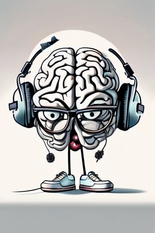 modern surrealist art, white background, cartoonic real raw large brain with popping eye at center, wearing glasses, wearing loosened transparent t-shirt, wearing headphones, droopy eyes, shrunken cold small stone heart in the chest, beating slowly, wearing large cartoonic sneakers