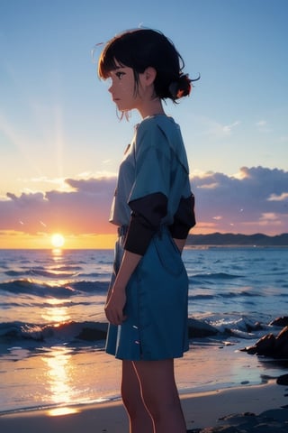 Vast blue ocean with calm tides, small island at far side of ocean, Young girl, beautiful, standing over the cliff, looking at horizon of sunset, tears in eyes