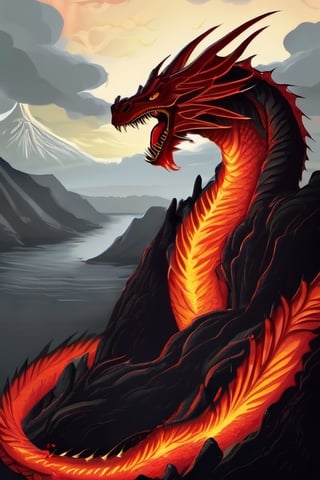 realistic dark volcano erupted mountain, magma flowing around, fumes clouding the sky, realistic red dragon, standing tall, Wings sharp, claws with long nails, roaring at the sky, five headed, fierce, terrifying