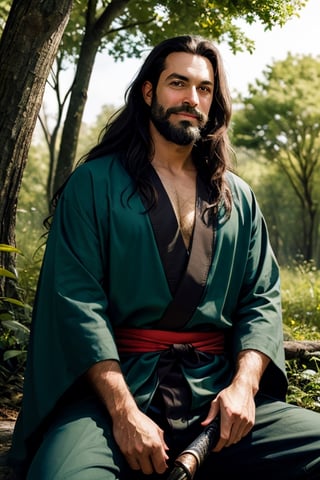 Create picture with background as lush green forest with birds in tree branches. In darkness of forest, place multiple pair of monstrous red eyes. In foregound of picture, simple man wearing robes sits and medidates with a smile in his face. Man has long dark hair and shortened beard and moustache. In front of the man lies long katana sword in the ground .