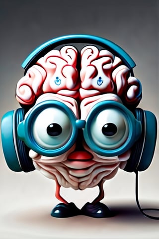 modern surrealism, white background, cartoonic real raw large brain with large eyes at center, wearing glasses, personified. wearing headphones, droopy eyes, real raw shrunken cold small heart at center of heart