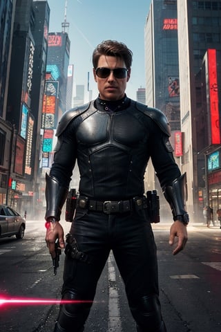 modern realistic, cyberpunk city with tall skyscrapers at background, Man wearing partial machine suit armor at front, looking sideways,  well built, holding high tech shot gun in hand, wearing laser eye glasses, rugged beard, grunt in face,Cyberpunk,Masterpiece,photorealistic,Masterpiece, hyper-realistic, high resolution, photograph_(object),futuristic, tom cruise