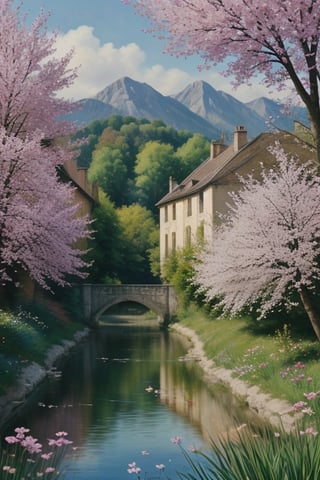 impressionism painting of village in france across the river during spring season with flowers blooming in trees and people in village welcomming spring, painting using acrylic colors,<lora:659111690174031528:1.0>