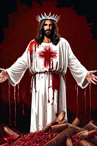 realistic, war background, , jesus christ, well built, wearing thorns crown, terrifying look, glaring eyes, smoking cigar, pointing gun at viewer, wearing silver cross chain around neck, wearing blood soaked white dress, blood everywhere, torn and burnt,insertNameHere
