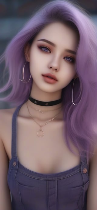 The resolution is absolutely ridiculous. 18 years old. Young woman. Sexy woman.    Perspective. Highly detailed illustration. Woman. Slender fingers. Detailed eyes. Medium length hair. Light purple hair. Brown eyes (tang top: 1.2). Jeans. Detailed background. Choker. Perfect eyes.       Amazing eyes looking from