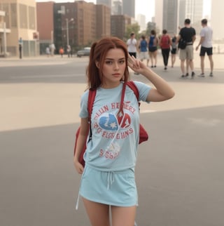 all red brunette hair, sexy body, ultra details, sharp, best artist, sweating, clothes, 1girl, carrying backpack, peace sign on the left hand,