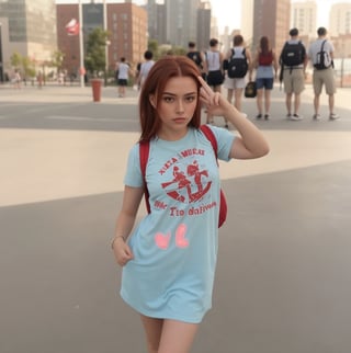 all red brunette hair, sexy body, ultra details, sharp, best artist, sweating, clothes, 1girl, carrying backpack, peace sign on the left hand,