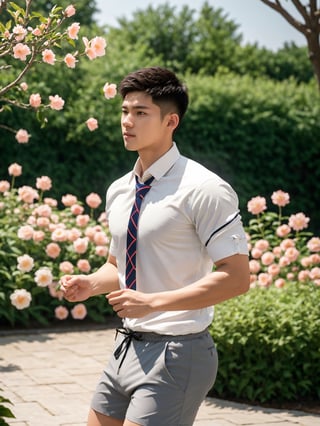 masterpiece,1 boy,Young,Handsome,Look at me,Short hair,Tea hair,Students,White shirt,Striped tie,Gray shorts,Stand,Outdoor,Garden,Peach tree,Flying petals,Light and shadow,HDR,textured skin,super detail,best quality,