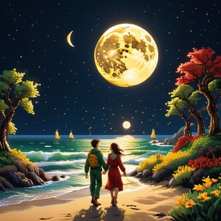 There is only 2 person, a couple is walking on the beach at night, dark vibrant blue sky, bright yellow moon, stars, girl is wearing green clothes, boy is wearing red clothes, they are holding hands as walking, pixel art, aesthetic