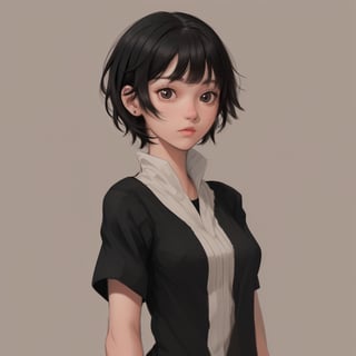 i need a female character with black short bangs hair which looks like this. Her eyes are brown and she is short. I want her to look more natural and kind.