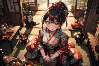 masterpiece, high-quality, high-contrast, high-definition, high-resolution, Realistic anime style, Warm main color, Overhead diagonal angle, Full-body shot, Front-facing, Serious expression of a female artisan painting a Kutani-yaki pottery, Natural lighting, Beautiful traditional art crafts as a sub-subject, Japanese ethnicity, Working posture, Beautiful facial features, Serious expression, Well-groomed updo hairstyle, Black hair, Traditional Japanese worker outfit, Delicate eyes, Natural mouth, Brown eyes, Smooth skin texture, Hands and face exposed, Natural bust size, Young age, Slim body type, Subtle allure, Traditional accessories, Painting tools as items, Traditional geta footwear, Beautiful embroidery on the kimono, No surrounding animals or pets, Kutani-yaki workshop location, Traditional tatami room background, Beautiful effects of traditional Japanese paper shadows, Traditional Japanese workshop buildings, Beautiful garden as a natural element, Clear weather, Daytime, Serene and beautiful atmosphere, richly drawn and delicate 