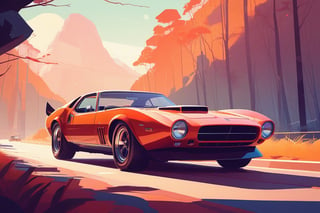 (by James Gilleard, (Andreas Rocha:1.15):1.05), cat, exotic car, Manas National Park, dynamic angle, (side view:1.2), retro artstyle, award-winning, minimalist, simple, wide landscape, high contrast, highly detailed, intricate,