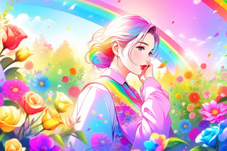 masterpiece, best quality, 1 girl, flowers, rainbow colour theme, floral background, nature, pose, perfect hands, modern outfit