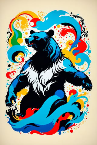 Vintage print design (on a white background:1.2), Silhouette drawing a rampant bear, with colors ink pop art blackground, delicate, filigram, centered, intricate details, illustration style, Katsushika Hokusa Style, ink sketch, comic book,chinese dragon,Leonardo Style