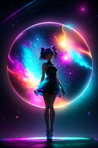 1girl,  full body,  nebula,  a beautiful a crystal ball, outdoor, neon, glow, fluttering symbols, | depth of field, bokeh, | smooth detailed shadows, hyperealistic shadows, (saturated color) | ,(unreal engine, pixar style), 
