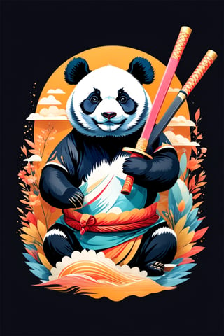 artwork of t-shirt graphic design, flat design of one retro ,rA beautifully drawn (((vintage t-shirt print))), featuring intricate ((retro-inspired typography)) encircling a (((sumi-e ink illustration))) depicting panda, in a stance holding a katana,gleaming in the sunlight,  ying yang sybol behind the head, integrating elements of Japanese calligraphy  with black back ground, colorfull shades, highly detailed clean, vector image, photorealistic masterpiece, professional photography, simple sunrise backdrop ,, isometric, vibrant vector ,flat design. color splash,