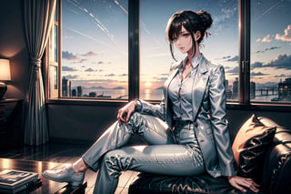 1girl, solo, looking at viewer, pale skin, black hair, straight hair, high bun, loose plain short black office jacket, white shirt, white formal pants, white shoes, night sky, sunset, interior, living room, scenery, highres, high quality, highly detailed