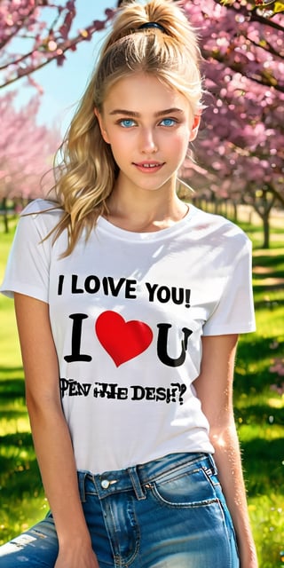 (masterpiece, best quality, ultra-detailed, 8K),high detail,
a young student model, with perfect female body,slim,blue russiancent eyes,blonde hair, Text written in her T-shirt with the text ("I Love You?":1.6), in an orchard ,kind simile,bliss,joyful,cute,charming,,colorful,modelshoot style,