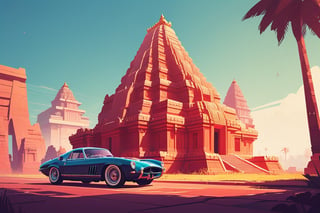 (by James Gilleard, (Andreas Rocha:1.15):1.05), cat, exotic car, Great Living Chola Temples, dynamic angle, (side view:1.2), retro artstyle, award-winning, minimalist, simple, wide landscape, high contrast, highly detailed, intricate,