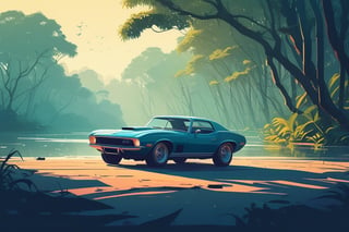 (by James Gilleard, (Andreas Rocha:1.15):1.05), cat, exotic car, Sundarban National Park (West Bengal), dynamic angle, (side view:1.2), retro artstyle, award-winning, minimalist, simple, wide landscape, high contrast, highly detailed, intricate,