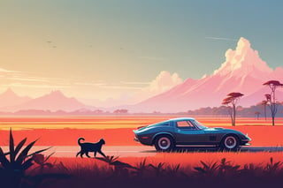 (by James Gilleard, (Andreas Rocha:1.15):1.05), cat, exotic car, Kaziranga National Park, (side view:1.2), retro artstyle, award-winning, minimalist, simple, wide landscape, high contrast, highly detailed, intricate,